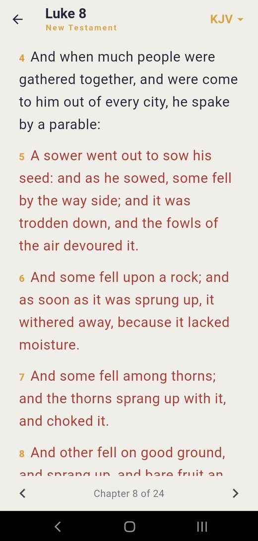 The Bible reader showing Luke 8 in KJV with the words of Jesus printed in red