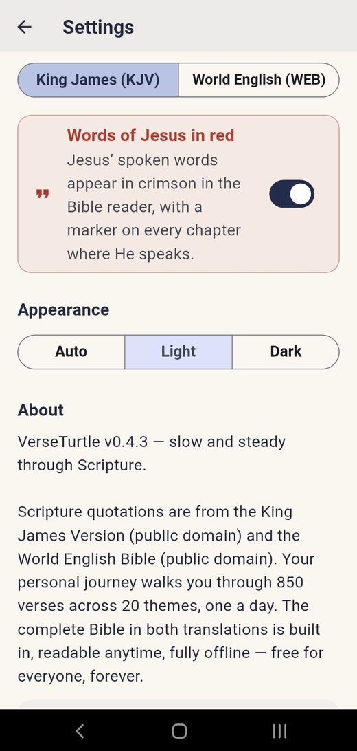 The Settings screen with the Words of Jesus in red switch turned on